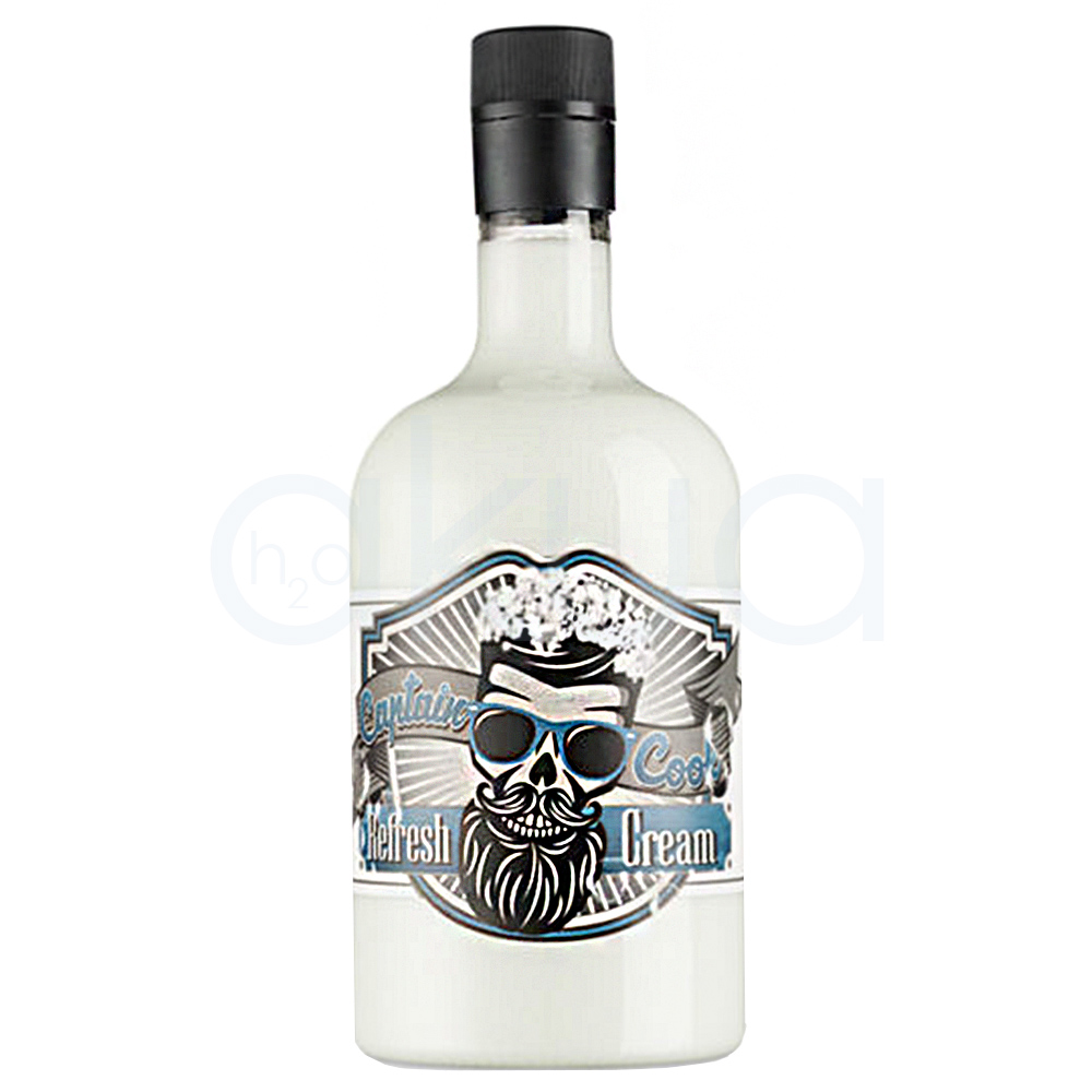 Crema refrescante Captain Cook 750ml. Envase translúcido de color blanco, con tapón negro y etiqueta de estilo retro-barbería. H2o Akua