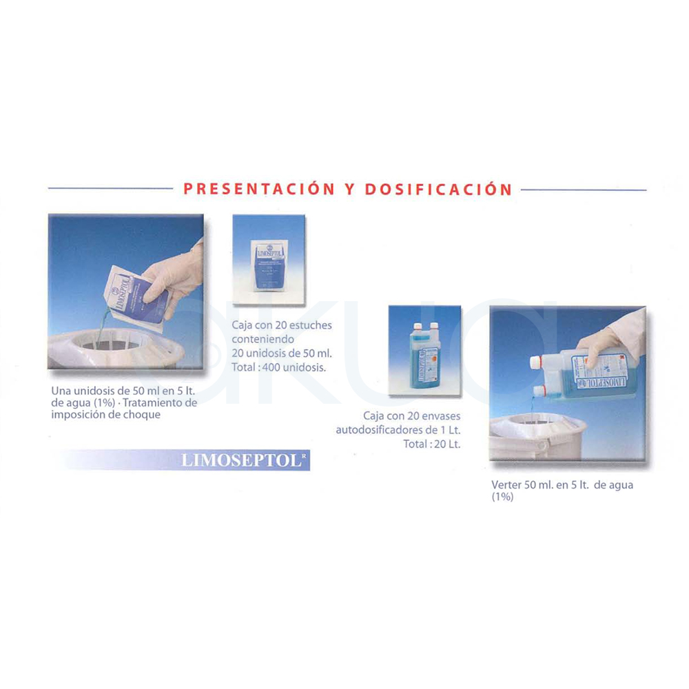 Desinfectante Limoseptol caja 20 sobres. se presenta en Caja de cartón que contiene sobres individuales del producto LIMOSEPTOL. El diseño de la caja y los sobres es mayoritariamente azul con blanco y presenta el logotipo y la marca LIMOSEPTOL en letras grandes blancas sobre fondo azul. H2o Akua