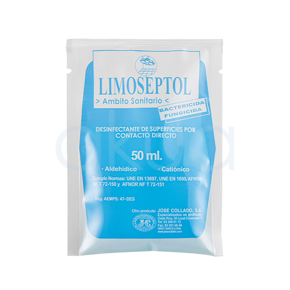 Desinfectante Limoseptol caja 20 sobres. se presenta en Caja de cartón que contiene sobres individuales del producto LIMOSEPTOL. El diseño de la caja y los sobres es mayoritariamente azul con blanco y presenta el logotipo y la marca LIMOSEPTOL en letras grandes blancas sobre fondo azul. H2o Akua