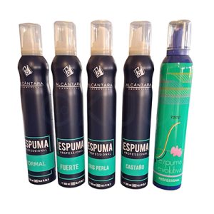 Espuma acondicionadora Alcantara 300ml. Envase cilíndrico, alto y delgado, típicos de productos de espuma capilar profesional. Color negro mate con detalles en turquesa y letras blancas. Tapón transparente y dosificador beige claro. H2o Akua