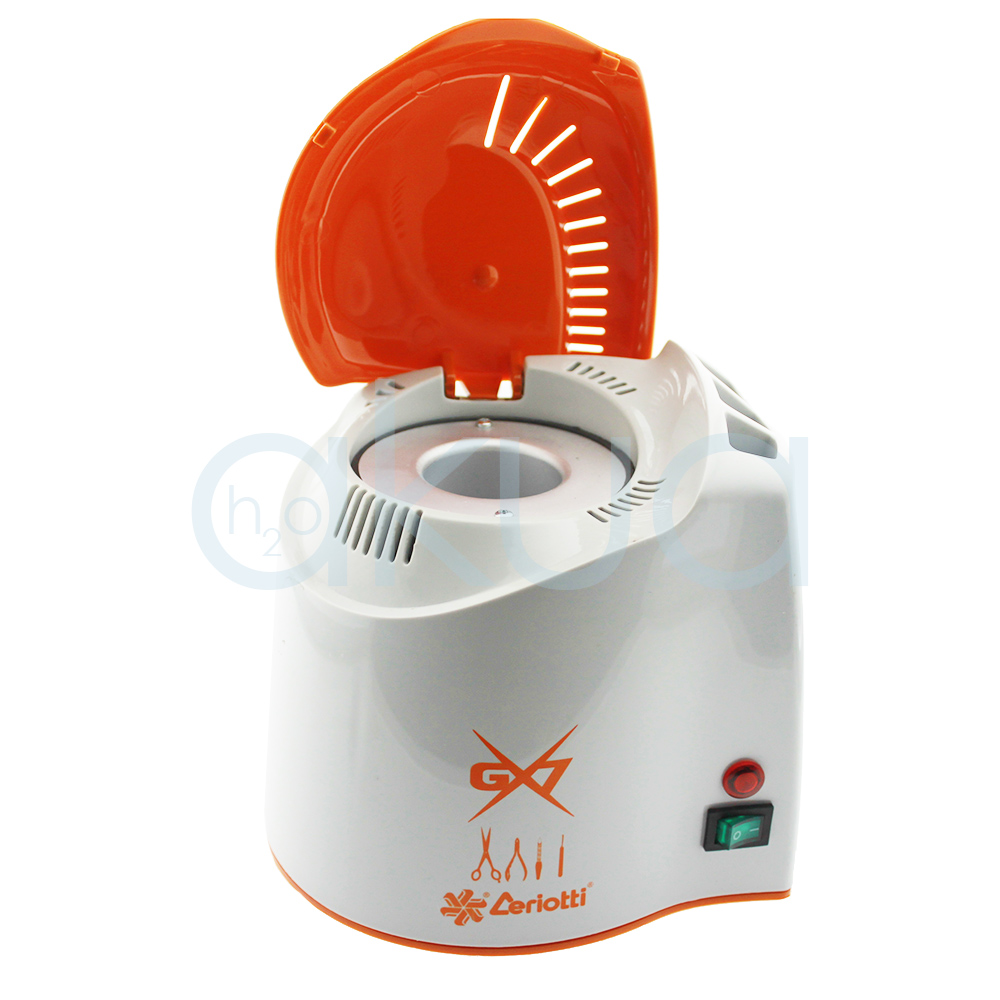 Esterilizador de cuarzo GX7 ceriotti. Equipo compacto, de diseño moderno en blanco y naranja, destinado a la desinfección rápida de herramientas metálicas de peluquería y estética como tijeras, alicates, pinzas y empuja cutículas. H2o Akua