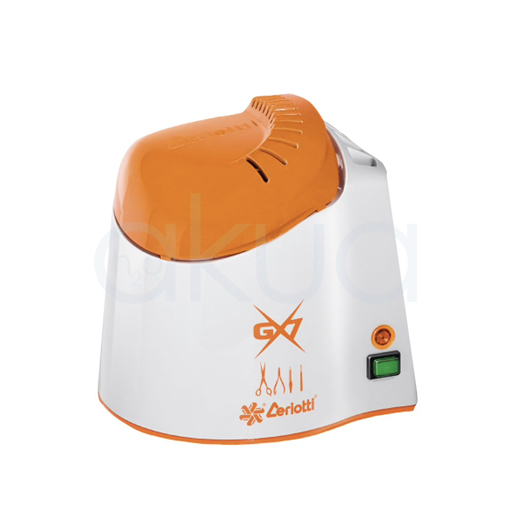 Esterilizador de cuarzo GX7 ceriotti. Equipo compacto, de diseño moderno en blanco y naranja, destinado a la desinfección rápida de herramientas metálicas de peluquería y estética como tijeras, alicates, pinzas y empuja cutículas. H2o Akua