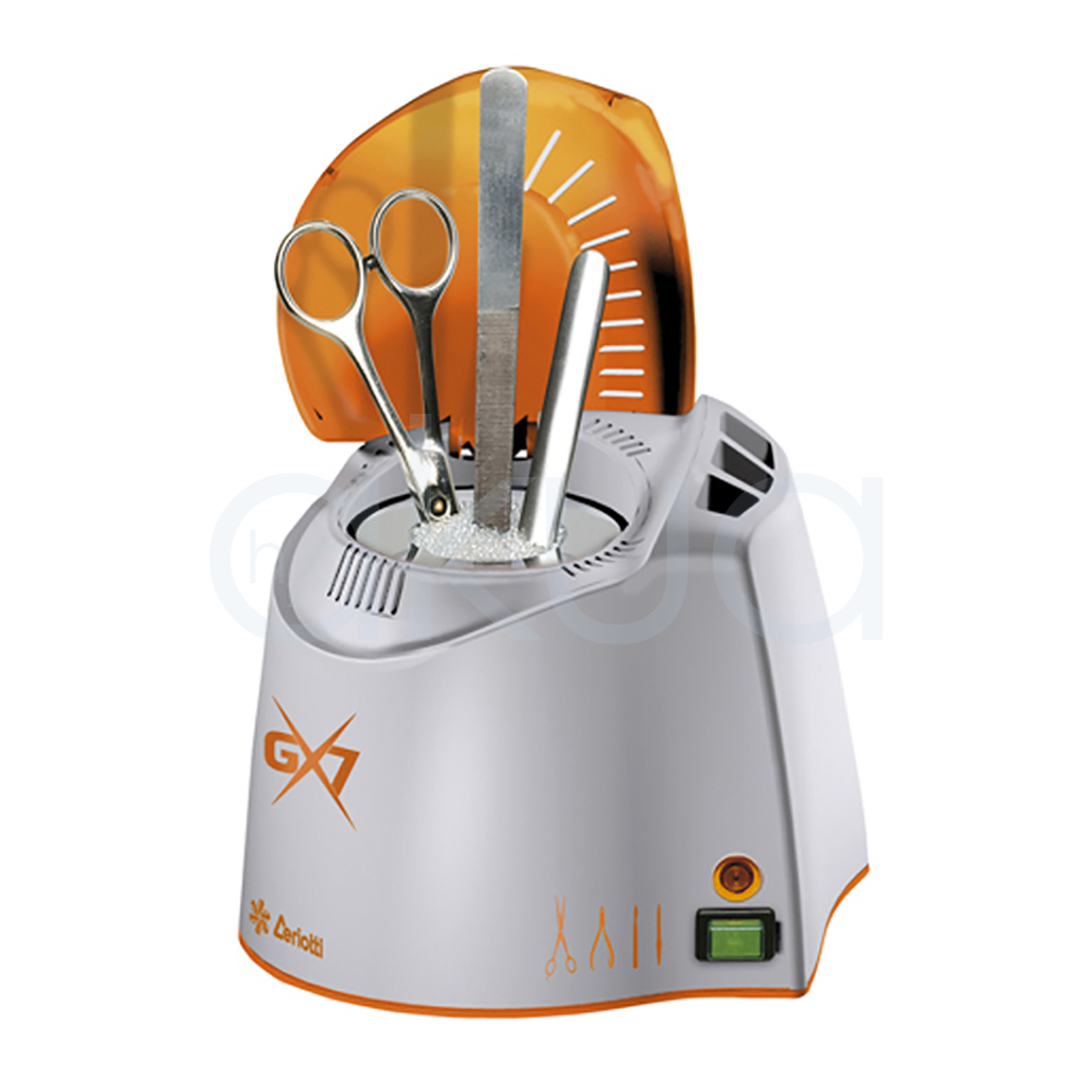 Esterilizador de cuarzo GX7 ceriotti. Equipo compacto, de diseño moderno en blanco y naranja, destinado a la desinfección rápida de herramientas metálicas de peluquería y estética como tijeras, alicates, pinzas y empuja cutículas. H2o Akua