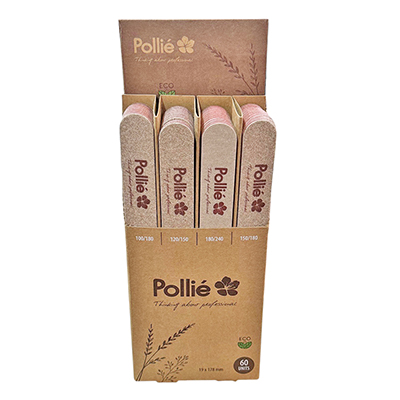 Expositor 60 limas Eco Pollie. El expositor y las limas tienen un diseño eco-amigable con colores marrón kraft y detalles en tonos tierra, reflejando una imagen natural y sostenible. H2o Akua.