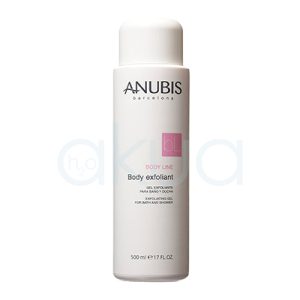 Gel Exfoliante Anubis 500ml Outlet. Envase cilíndrico de color blanco con tapón blanco, correspondiente a un gel exfoliante corporal de la marca Anubis. En la parte frontal de la etiqueta se observa el nombre de la marca y la línea “Body Line” en letras negras y rosas, además de la descripción “Body exfoliant: gel exfoliante para baño y ducha” en español e inglés. H2o Akua