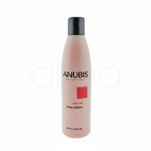 Gel exfoliante Anubis 250ml Outlet. Envase cilíndrico de color rosa claro con tapón negro, correspondiente a un producto de la marca Anubis Barcelona. En la etiqueta se lee “Body Line” y “Body Exfoliant”, indicando que se trata de un gel exfoliante corporal pensado para el baño y la ducha. H2o Akua
