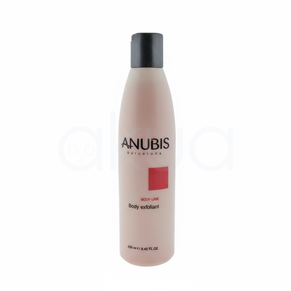 Gel exfoliante Anubis 250ml Outlet. Envase cilíndrico de color rosa claro con tapón negro, correspondiente a un producto de la marca Anubis Barcelona. En la etiqueta se lee “Body Line” y “Body Exfoliant”, indicando que se trata de un gel exfoliante corporal pensado para el baño y la ducha. H2o Akua