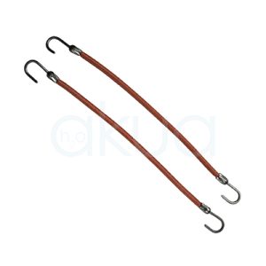 Goma con gancho cola de caballo marron 12 uni 00637. Se presenta como dos bandas elásticas largas y delgadas, cada una con un gancho de metal en ambos extremos. Los ganchos son curvos.,Las bandas elásticas son de color marrón oscuro. Los ganchos de metal son de color plateado. H2o Akua.