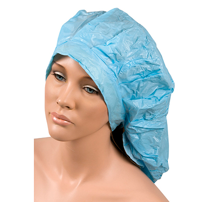 Gorro plastico largo nuca H2oAkua. Es de color azul claro y está elaborado en material plástico desechable, con ajuste elástico para adaptarse cómodamente a distintos tamaños de cabeza.