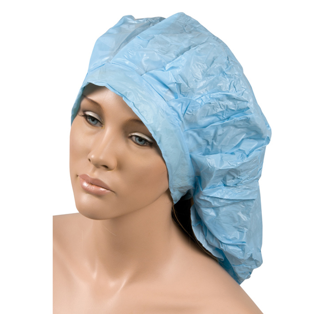 Gorro plastico largo nuca H2oAkua. Es de color azul claro y está elaborado en material plástico desechable, con ajuste elástico para adaptarse cómodamente a distintos tamaños de cabeza.