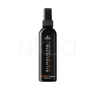 Laca Silhouette pump spray fijacion extrafuerte 200ml Envase cilíndrico, delgado y vertical con dosificador tipo spray en la parte superior. El color predominante es el negro brillante, tanto en el cuerpo del envase como en el tapón. El etiquetado presenta letras blancas y detalles en naranja, aportando contraste y modernidad al diseño. H2o Akua