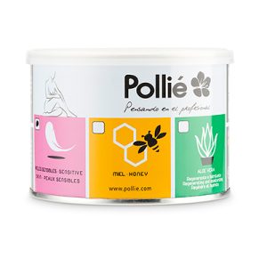 Lata cera miel Pollie 400ml. De forma cilíndrica, con tapa blanca y etiquetas de colores: rosa, amarillo y verde, asociadas a diferentes variantes del producto. El diseño es claro, moderno y llamativo. La sección amarilla con un símbolo de abeja identifica la cera de miel, la rosa representa pieles sensibles y la verde corresponde a aloe vera. H2o Akua