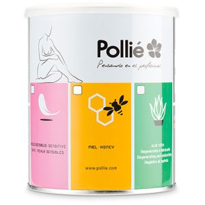 Lata cera miel Pollie 800ml. De forma cilíndrica, con tapa blanca y etiquetas de colores: rosa, amarillo y verde, asociadas a diferentes variantes del producto. El diseño es claro, moderno y llamativo. La sección amarilla con un símbolo de abeja identifica la cera de miel, la rosa representa pieles sensibles y la verde corresponde a aloe vera. H2o Akua