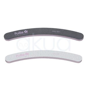 Lima acolchada banana 100/180 Pollie. Limas de uñas Pollié tipo banana, con diseño curvado y acolchado. Una de las limas es gris oscura y la otra blanca, ambas con un ribete rosa y el logo de Pollié estampado. H2o Akua