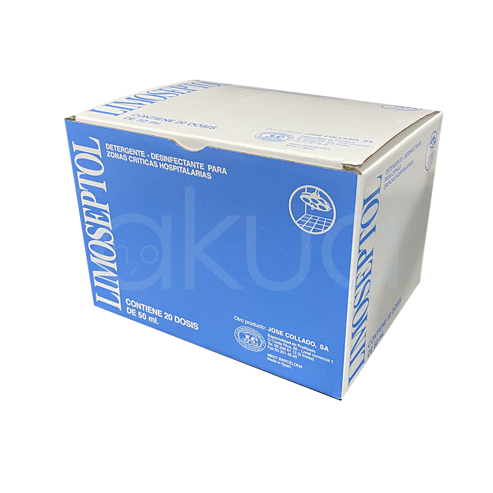Desinfectante Limoseptol caja 20 sobres. se presenta en Caja de cartón que contiene sobres individuales del producto LIMOSEPTOL. El diseño de la caja y los sobres es mayoritariamente azul con blanco y presenta el logotipo y la marca LIMOSEPTOL en letras grandes blancas sobre fondo azul. H2o Akua