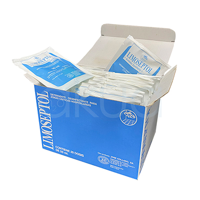 Desinfectante Limoseptol caja 20 sobres. se presenta en Caja de cartón que contiene sobres individuales del producto LIMOSEPTOL. El diseño de la caja y los sobres es mayoritariamente azul con blanco y presenta el logotipo y la marca LIMOSEPTOL en letras grandes blancas sobre fondo azul. H2o Akua