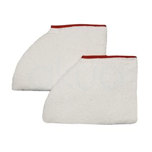 Peucos Parafina H2oAkua. Se presentan como dos peucos de tejido blanco, con ribete en la parte superior de color rojo. Tienen forma anatómica para adaptarse al pie y están confeccionados con un tejido tipo rizo o felpa, lo que proporciona un tacto suave y alta capacidad de retención térmica. Son reutilizables y lavables.