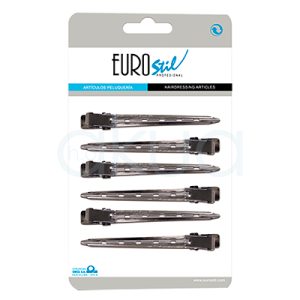 Pinza toga Stil metal 6 unidades. Set de seis pinzas de pelo metálicas tipo "toga", dispuestas en paralelo sobre un fondo blanco. Estas pinzas, fabricadas en metal plateado, presentan pequeñas perforaciones a lo largo del cuerpo para mejorar el agarre y un mecanismo de pinza sencillo tipo muelle. H2o Akua