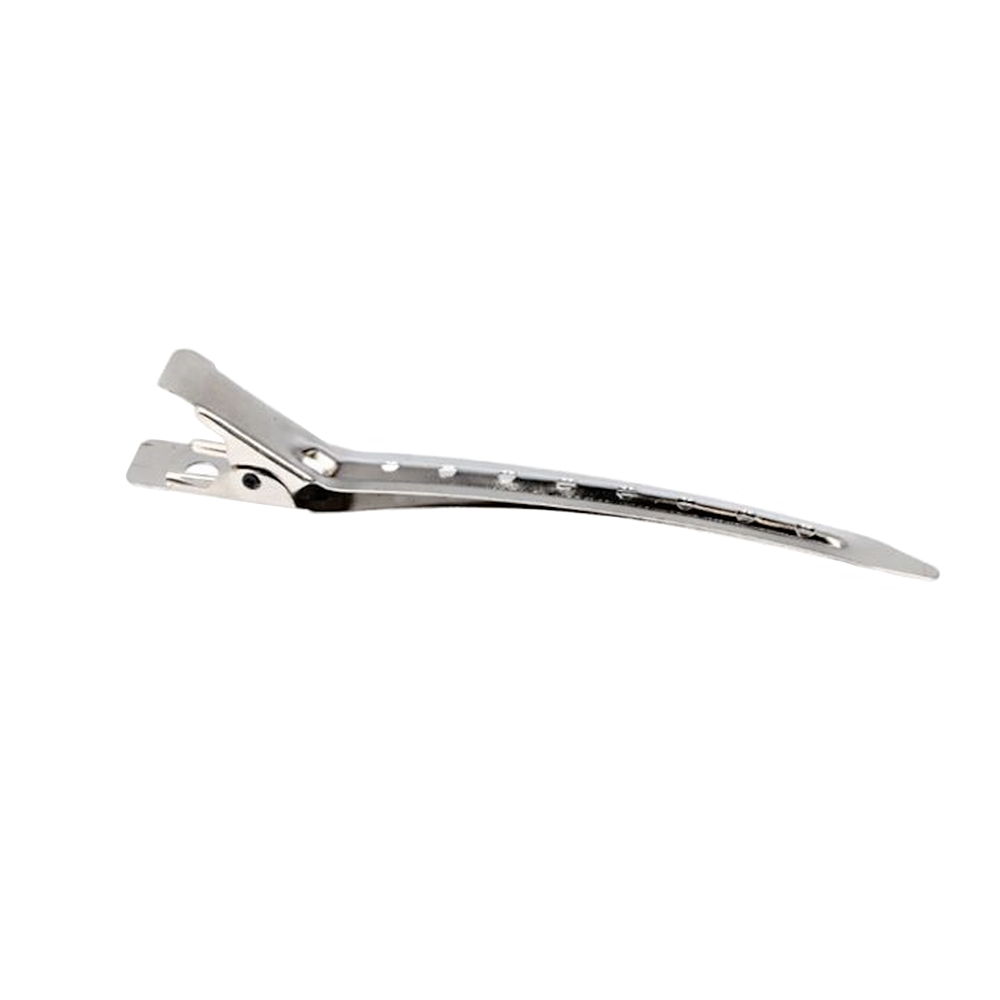 Pinza toga Stil metal 6 unidades. Set de seis pinzas de pelo metálicas tipo "toga", dispuestas en paralelo sobre un fondo blanco. Estas pinzas, fabricadas en metal plateado, presentan pequeñas perforaciones a lo largo del cuerpo para mejorar el agarre y un mecanismo de pinza sencillo tipo muelle. H2o Akua