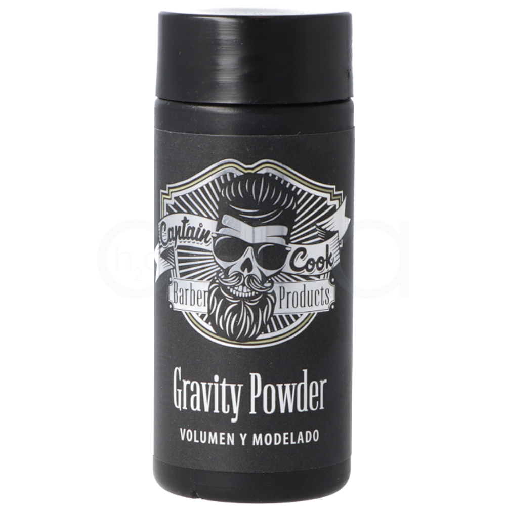 Polvos voluminizadores Captain Cook 30gr. Muestra un envase cilíndrico negro con tapa a rosca y etiqueta de estilo retro-barbería. H2o Akua