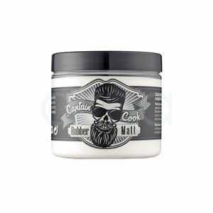 Pomada Rubber Matt Captain Cook 200ml. Envase de plastico de tapa roscada, acabado en plata, que corresponde a la pomada Captain Cook Matt Rubber. En la tapa se aprecia un diseño gráfico con la imagen de un hombre barbudo, gafas y peinado moderno. H2o Akua