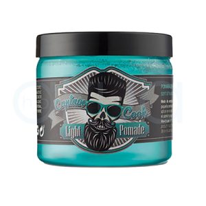 Pomada de Fijación Suave 200ml Captain Cook. El envase es cilíndrico, de plástico traslúcido azul turquesa, con tapa negra y etiqueta vintage que incluye el logotipo de barbero clásico de la marca. H2o Akua