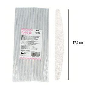 Recambio lima blanca media luna 48 ud gramaje 100. Los recambios tienen forma rectangular, color blanco con líneas finas gris claro y etiqueta rosa/blanca. El soporte, de forma curvada tipo media luna, es también de color blanco mate y presenta textura rugosa.