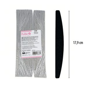 Recambio lima negra media luna 48 ud gramaje 240. Se presenta a la izquierda hay tiras rectangulares de recambios de lima, de color blanco con líneas grises y etiqueta rosa/blanca, y a la derecha, un soporte curvo (media luna) de color negro intenso, con textura rugosa. H2o Akua