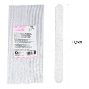 Recambio lima recta blanca 48 und gramaje 100. En color blanco mate con textura granulada, junto a una lima recta con extremos redondeados, también de color blanco. Los recambios tienen forma rectangular y alargada, mientras que la lima es recta y fina, con puntas redondeadas para facilitar el limado ergonómico y seguro en manicura. H2o Akua