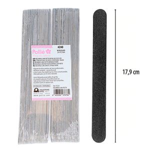 Recambio lima recta negra 48 und gramaje 240. El color predominante en la imagen es negro, especialmente en la lima de uñas recta a la derecha y en la superficie abrasiva de los recambios de lima que se observan en el paquete. El paquete de recambios tiene un fondo mayoritariamente blanco con rayas grises y una etiqueta con detalles en rosa y negro. La combinación general es negro, blanco y detalles en rosa. H2o Akua