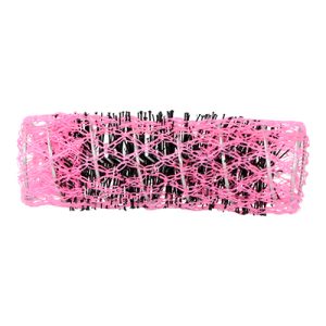 Rulo frances rosa 22mm con pinchito 6 unidades 07336. Objeto cilíndrico de color negro cubierto por una malla de plástico flexible de color rosa intenso. Esta malla tiene una estructura entrelazada y deja ver el interior parcialmente. En el centro se observan varias cerdas negras rígidas, que sobresalen a través de la malla rosa. El objeto tiene el aspecto de un rulo para el cabello o un cilindro para fijación capilar, usado habitualmente en peluquería para dar forma y volumen al pelo. H2o Akua