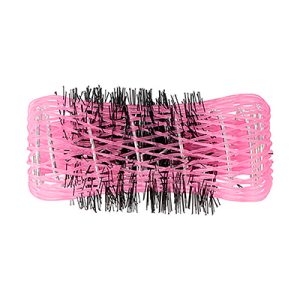 Rulo frances rosa 24mm con pinchito 6 unidades 07766. Objeto cilíndrico de color negro cubierto por una malla de plástico flexible de color rosa intenso. Esta malla tiene una estructura entrelazada y deja ver el interior parcialmente. En el centro se observan varias cerdas negras rígidas, que sobresalen a través de la malla rosa. El objeto tiene el aspecto de un rulo para el cabello o un cilindro para fijación capilar, usado habitualmente en peluquería para dar forma y volumen al pelo. H2o Akua