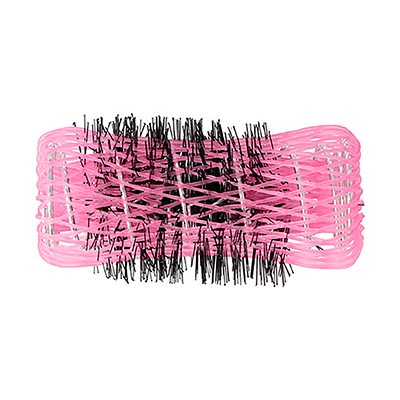 Rulo frances rosa 24mm con pinchito 6 unidades 07766. Objeto cilíndrico de color negro cubierto por una malla de plástico flexible de color rosa intenso. Esta malla tiene una estructura entrelazada y deja ver el interior parcialmente. En el centro se observan varias cerdas negras rígidas, que sobresalen a través de la malla rosa. El objeto tiene el aspecto de un rulo para el cabello o un cilindro para fijación capilar, usado habitualmente en peluquería para dar forma y volumen al pelo. H2o Akua