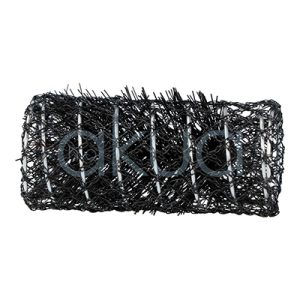 Rulo frances negro 32mm con pinchito paquete 6 unidades 07338. Objeto de forma rectangular, hecho de material plástico o sintético, con estructura de malla abierta y numerosas púas o fibras rígidas que sobresalen en distintas direcciones. El color predominante es negro brillante. Su aspecto es ligero y flexible, similar a un moldeador, bigudí de malla o accesorio para el cabello. H2o Akua