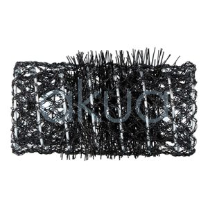 Rulo frances negro 36mm con pinchito paquete 6 unidades 07339. Objeto de forma rectangular, hecho de material plástico o sintético, con estructura de malla abierta y numerosas púas o fibras rígidas que sobresalen en distintas direcciones. El color predominante es negro brillante. Su aspecto es ligero y flexible, similar a un moldeador, bigudí de malla o accesorio para el cabello. H2o Akua