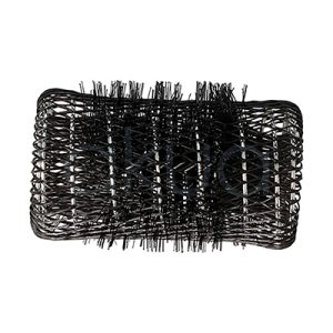 Rulo frances negro 40mm con pinchito paquete 6 unidades 07770. Objeto de forma rectangular, hecho de material plástico o sintético, con estructura de malla abierta y numerosas púas o fibras rígidas que sobresalen en distintas direcciones. El color predominante es negro brillante. Su aspecto es ligero y flexible, similar a un moldeador, bigudí de malla o accesorio para el cabello. H2o Akua