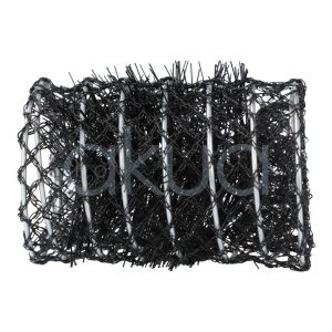 Rulo frances negro 45mm con pinchito paquete 6 unidades 07340. Objeto de forma rectangular, hecho de material plástico o sintético, con estructura de malla abierta y numerosas púas o fibras rígidas que sobresalen en distintas direcciones. El color predominante es negro brillante. Su aspecto es ligero y flexible, similar a un moldeador, bigudí de malla o accesorio para el cabello. H2o Akua