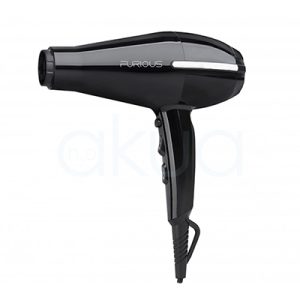 Secador Furious Eurostil 2200W. Presenta un diseño tipo pistola, con líneas modernas y acabado brillante en color negro; incluye detalles en blanco y la marca "Furious" en letras plateadas sobre el lateral. Su forma es ergonómica, compacta y cuenta con botones de control integrados en el mango, ideal para manejo profesional. H2o Akua