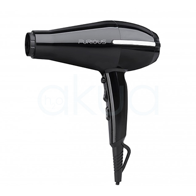 Secador Furious Eurostil 2200W. Presenta un diseño tipo pistola, con líneas modernas y acabado brillante en color negro; incluye detalles en blanco y la marca "Furious" en letras plateadas sobre el lateral. Su forma es ergonómica, compacta y cuenta con botones de control integrados en el mango, ideal para manejo profesional. H2o Akua
