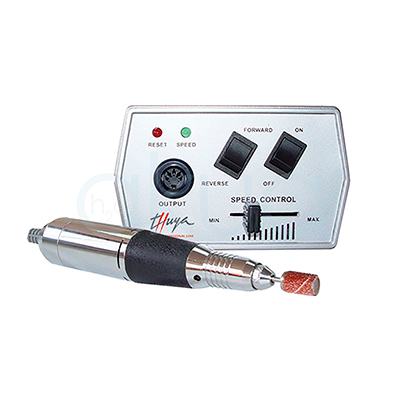 Torno profesional Thuya. Torno eléctrico profesional de manicura/pedicura, compuesto por una caja de control rectangular de color plateado con detalles en negro, dos interruptores inclinados y dos luces indicadoras (una roja y una verde). H2o Akua