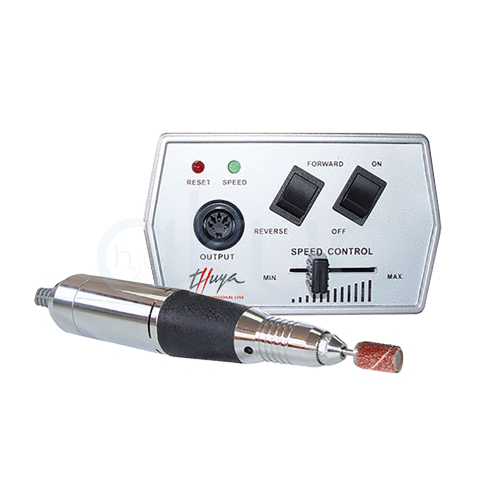 Torno profesional Thuya. Torno eléctrico profesional de manicura/pedicura, compuesto por una caja de control rectangular de color plateado con detalles en negro, dos interruptores inclinados y dos luces indicadoras (una roja y una verde). H2o Akua
