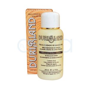 Reblandecedor durezas manos y pies Duribland 200ml. Se presenta en frasco rectangular color crema y tapa blanca, detalles en dorado y letras negras. H2o Akua.