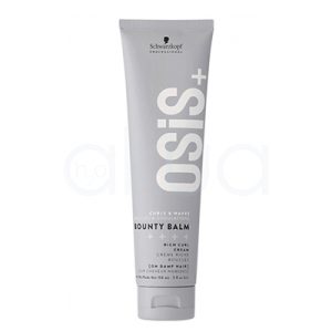 Balsamo rizos y ondas Bounty Balm Osis 150ml. Envase en formato tubo de color gris claro, con letras grandes blancas y algunos detalles en negro. El producto es de la marca Schwarzkopf Professional, línea OSIS+, y se denomina "Bounty Balm". En el envase se indica que es una crema rica para rizos, destinada a definir y nutrir cabellos rizados u ondulados. H2o Akua