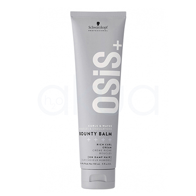 Balsamo rizos y ondas Bounty Balm Osis 150ml. Envase en formato tubo de color gris claro, con letras grandes blancas y algunos detalles en negro. El producto es de la marca Schwarzkopf Professional, línea OSIS+, y se denomina "Bounty Balm". En el envase se indica que es una crema rica para rizos, destinada a definir y nutrir cabellos rizados u ondulados. H2o Akua
