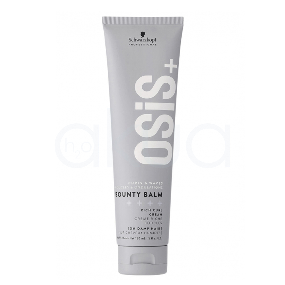 Balsamo rizos y ondas Bounty Balm Osis 150ml. Envase en formato tubo de color gris claro, con letras grandes blancas y algunos detalles en negro. El producto es de la marca Schwarzkopf Professional, línea OSIS+, y se denomina "Bounty Balm". En el envase se indica que es una crema rica para rizos, destinada a definir y nutrir cabellos rizados u ondulados. H2o Akua