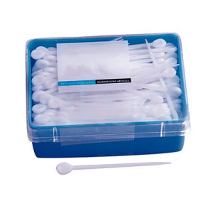 Caja 300 pinchitos Nylon H2oAkua 03329/1. Caja rectangular de color azul con tapa transparente, que contiene una gran cantidad de palitos de plástico blancos, cada uno con una punta redondeada en forma de bola.