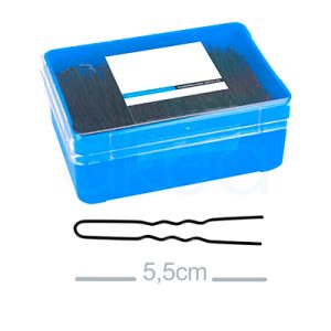 Caja 400 horquillas invisible negra 55mm H2oAkua 01616/50. Caja rectangular azul con tapa transparente que contiene una gran cantidad de horquillas metálicas de color negro, de tipo moño y con forma ondulada.