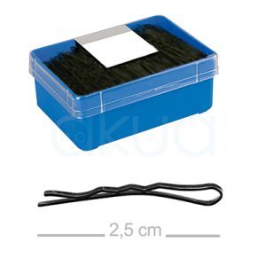 Caja 700 horquillas negra mini clips 25mm H2oAkua 04088/50. Caja rectangular azul con tapa transparente que contiene una gran cantidad de horquillas metálicas de color negro, de tipo moño y con forma ondulada.