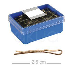 Caja 700 horquillas rubia mini clips 25mm H2oAkua 0408. Caja rectangular azul con tapa transparente que contiene una gran cantidad de horquillas metálicas de color dorado, de tipo moño y con forma ondulada.