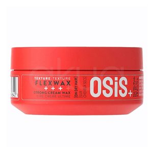 Cera fuerte Flexwax Osis 85ml. La imagen muestra un envase de formato tarro, de color rojo, de la marca Schwarzkopf Professional, línea OSIS+. El producto indicado en la etiqueta es "Flexwax", una cera cremosa de fijación fuerte para el cabello ("Strong Cream Wax"). El envase destaca por su diseño compacto y moderno, pensado para uso profesional o personal. H2o Akua